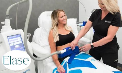 Aesthetician applying coolsculpting machine to woman in black sports bra with Elase logo in bottom left corner