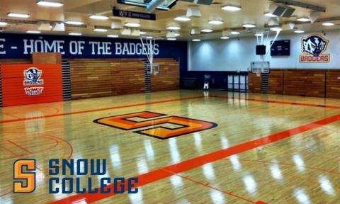Snow College Horne Activity Center gym floor with Snow College logo in bottom left corner