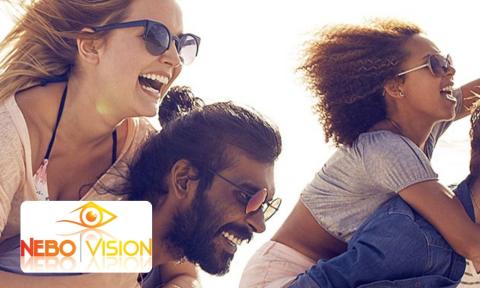 Two couples with sunglasses on with Nebo Vision logo in bottom left corner