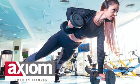 Woman in a plank lifting weights with axiom fitness logo in bottom left corner