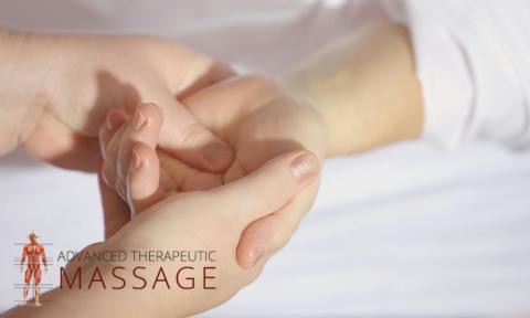two hands massaging one hand, advanced therapeutic massage logo in bottom left corner