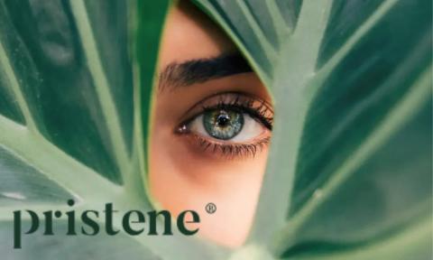 woman's eye looking between leaves with pristene logo on bottom left corner