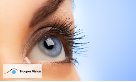 zoom in view of an eye with Hoopes Vision logo in bottom left corner