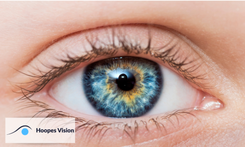 image of an eye with hoopes vision logo in bottom left corner