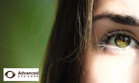 dark haired woman with green eyes with advanced eye care logo in bottom left corner