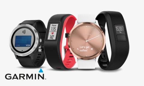 4 Garmin watches assorted colors and sizes, garmin logo in bottom left corner