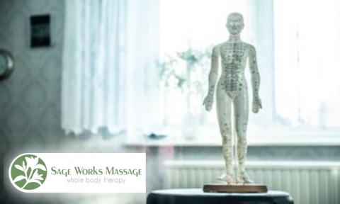 small mannequin with massage mapping on a desk with Sage Works Massage logo on bottom left corner