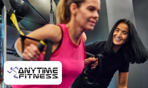 Women working out with TRX rings, Anytime Fitness Logo in bottom left corner