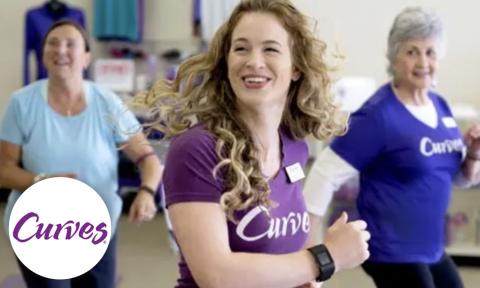 Three women working out, curves logo in bottom left corner