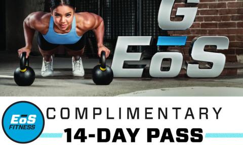 Woman doing pushups on kettlebells with eos logo in bottom left and words "Complimentary 14 day pass"