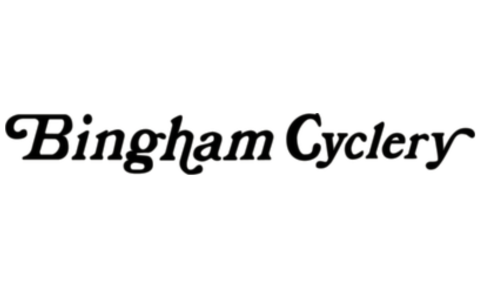 Bingham Cyclery in black script font over white background