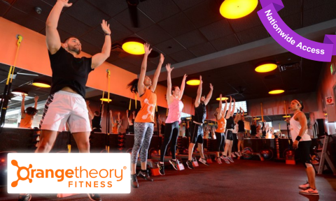 group fitness workout at orange theory, purple banner in top right reading nationwide access