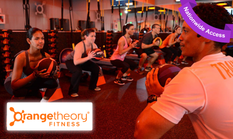 individuals participating in a fitness class at Orange Theory, purple banner in top right reading nationwide access
