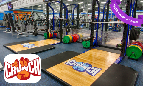 weight lifting rack and weights, Crunch fitness logo in bottom left corner, purple banner reading nationwide access in top right corner