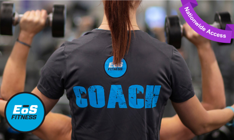 The back of a woman spotting someone with weights, EOS fitness logo in bottom left corner, purple banner reading nationwide access in top right corner
