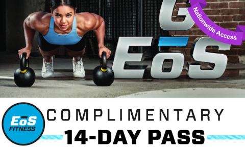 Woman doing pushups on kettlebells with eos logo in bottom left and words "Complimentary 14 day pass", purple banner reading nationwide access in top right corner