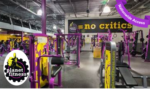 Purple, yellow, and black gym with machines and weights, Planet Fitness logo in bottom left corner, purple banner reading nationwide access in top right corner