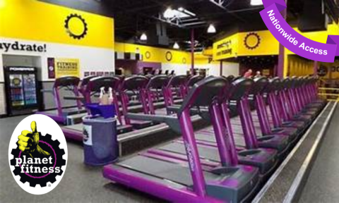 treadmills in a yellow and purple gym, Planet Fitness Logo in bottom left corner, purple banner in top right corner reading nationwide access
