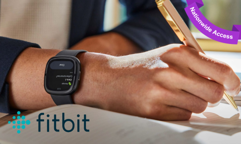 A mans hand with a smartwatch on, fitbit logo in bottom left corner, purple banner top right corner reading nationwide access