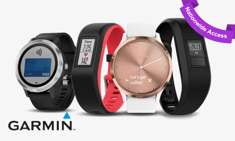 4 Garmin watches assorted colors and sizes, garmin logo in bottom left corner, purple banner top right corner reading nationwide access