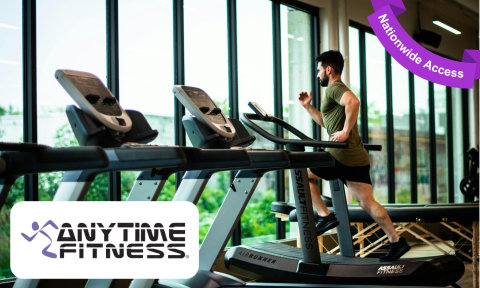 Man in green shirt running on treadmill, anytime fitness logo in bottom left corner, purple banner reading nationwide access in top right corner