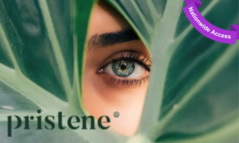 woman's eye looking between leaves with pristene logo on bottom left corner, purple banner right corner reading nationwide access
