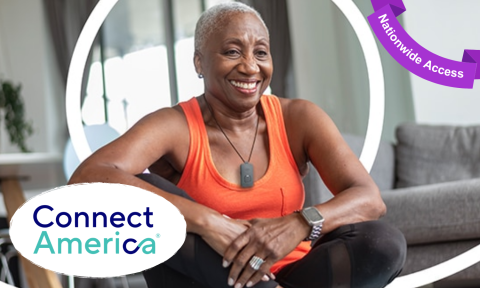 elderly woman in athletic clothing with medical alert alarm on neck with connect america logo on bottom left corner, purple banner top right corner reading nationwide access