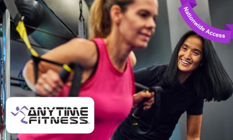 Women working out with TRX rings, Anytime Fitness Logo in bottom left corner, purple banner reading nationwide access in top right corner