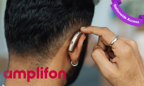 back of man's head with hearing aid and red amplifon logo in bottom left corner, purple banner top right corner reading nationwide access
