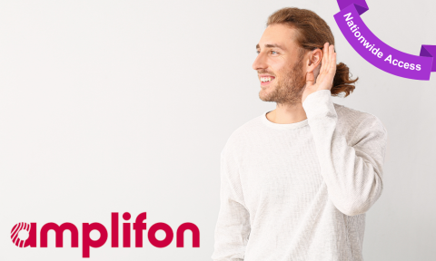 man in white shirt cupping his ear that has a hearing aid with amplifon logo in bottom left corner, purple banner top right corner reading nationwide access