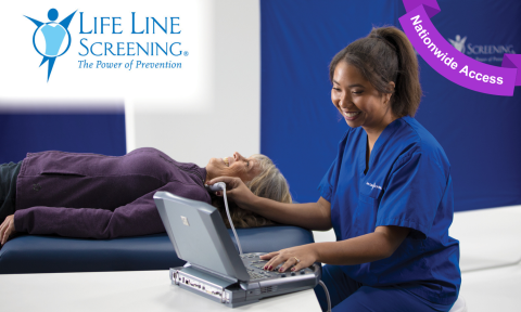 Woman getting an ultrasound of her neck, purple banner top right corner reading nationwide access