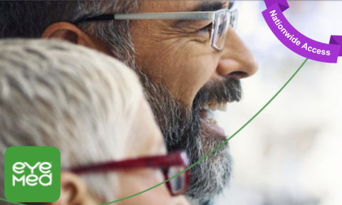 middle aged man smiling with glasses on with eye med logo in bottom left corner, purple banner top right corner reading nationwide access