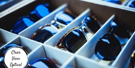 Sunglasses in a display box with Clear View Optical logo in bottom left corner