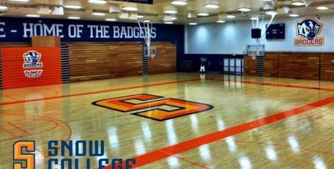 Snow College Horne Activity Center gym floor with Snow College logo in bottom left corner
