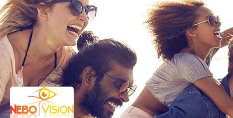 Two couples with sunglasses on with Nebo Vision logo in bottom left corner