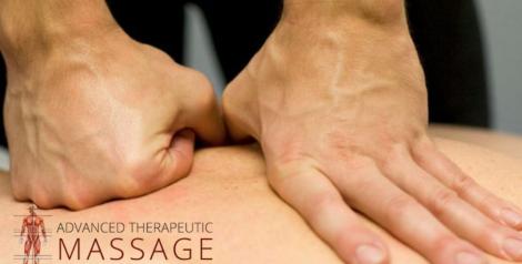 Fist and open hand laid on a person's back for a massage, Advanced Therapeutic Massage logo in bottom left corner