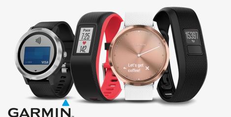 4 Garmin watches assorted colors and sizes, garmin logo in bottom left corner
