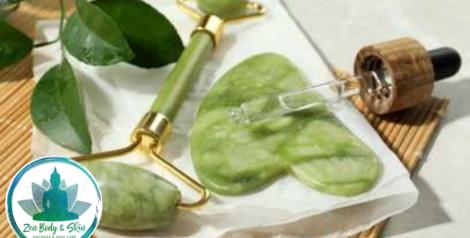Skin care tools in green with Zen Body and Skin Care logo in bottom right corner