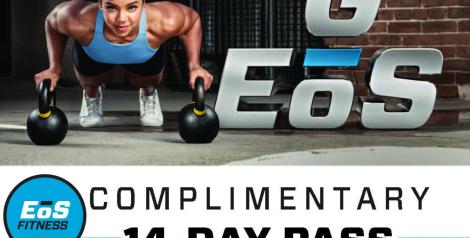 Woman doing pushups on kettlebells with eos logo in bottom left and words "Complimentary 14 day pass"