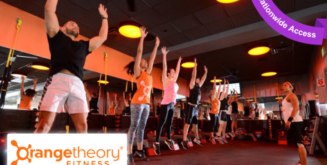 group fitness workout at orange theory, purple banner in top right reading nationwide access