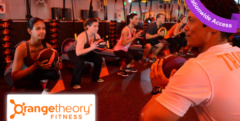 individuals participating in a fitness class at Orange Theory, purple banner in top right reading nationwide access