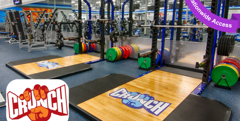 weight lifting rack and weights, Crunch fitness logo in bottom left corner, purple banner reading nationwide access in top right corner