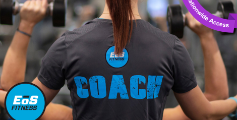 The back of a woman spotting someone with weights, EOS fitness logo in bottom left corner, purple banner reading nationwide access in top right corner