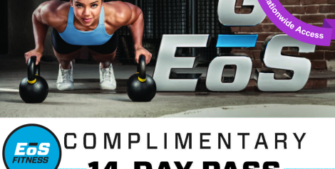 Woman doing pushups on kettlebells with eos logo in bottom left and words "Complimentary 14 day pass", purple banner reading nationwide access in top right corner