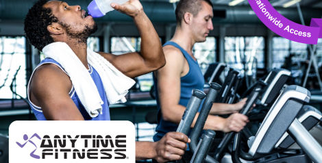 man with beard and dark hair drinking from a water bottle, on a treadmill, Anytime Fitness Logo on the bottom left corner, purple banner reading nationwide access in top right corner