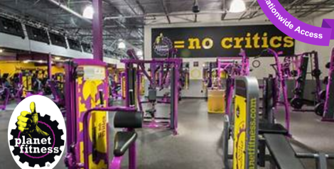 Purple, yellow, and black gym with machines and weights, Planet Fitness logo in bottom left corner, purple banner reading nationwide access in top right corner