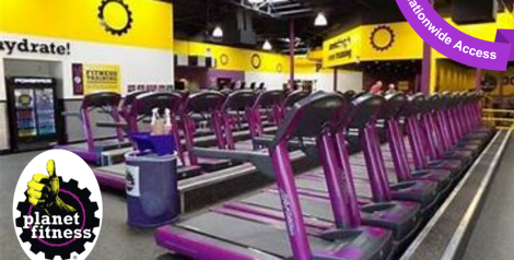 treadmills in a yellow and purple gym, Planet Fitness Logo in bottom left corner, purple banner in top right corner reading nationwide access