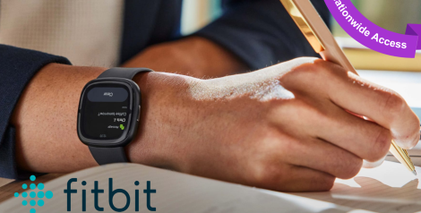 A mans hand with a smartwatch on, fitbit logo in bottom left corner, purple banner top right corner reading nationwide access