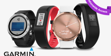 4 Garmin watches assorted colors and sizes, garmin logo in bottom left corner, purple banner top right corner reading nationwide access
