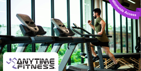 Man in green shirt running on treadmill, anytime fitness logo in bottom left corner, purple banner reading nationwide access in top right corner